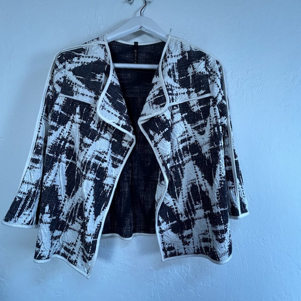 IC by Connie K Women Black & White Textured Open Front Jacket Medium Lightweight